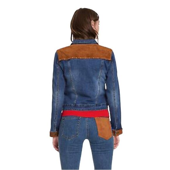 Desiqual Embroidered Flowers Western Denim Jean Jacket Stretchy Mixed Media Boho - Picture 4 of 16